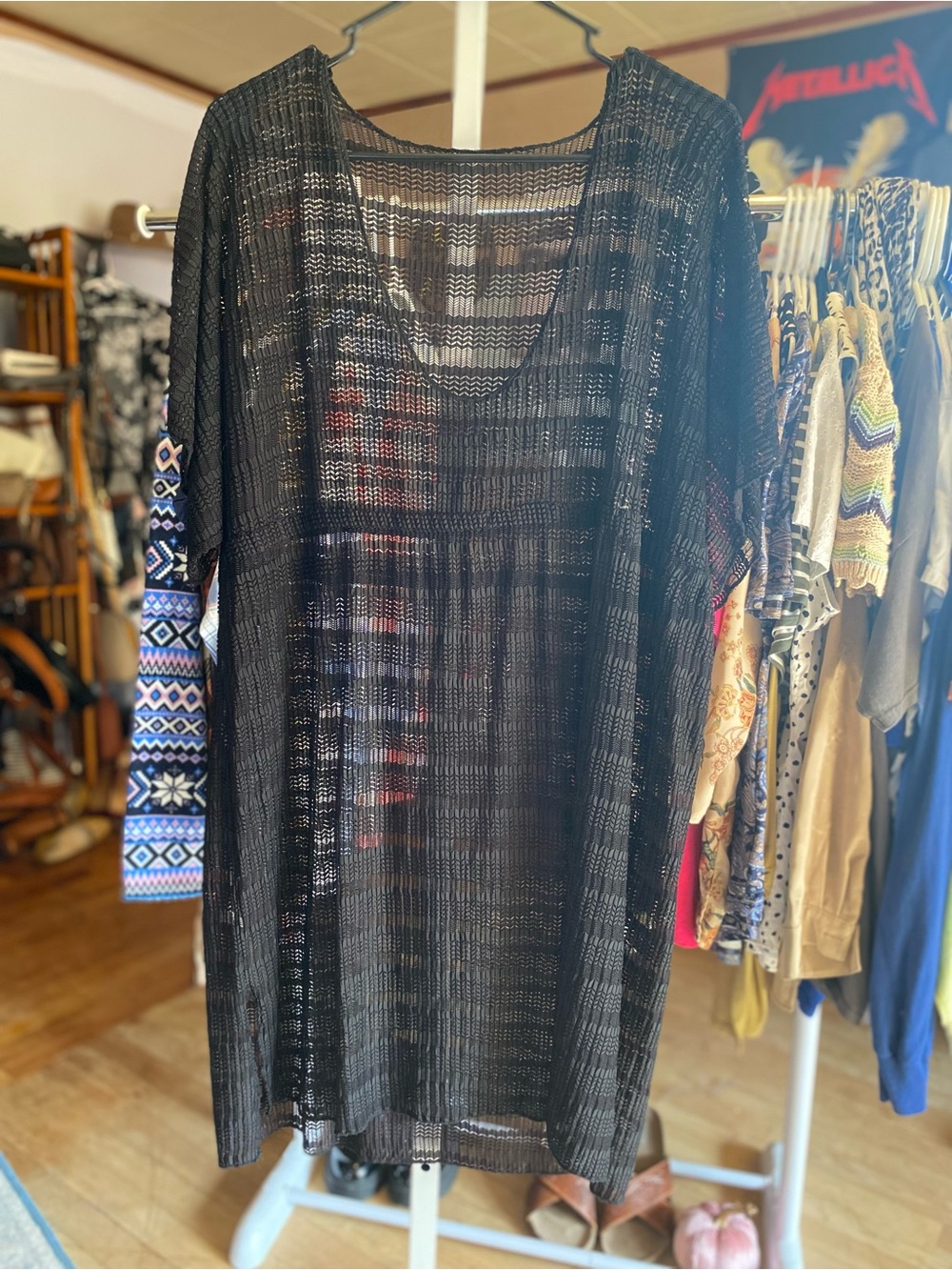 Black Sheer Crochet Beach Cover-Up Dress - Women's Swim